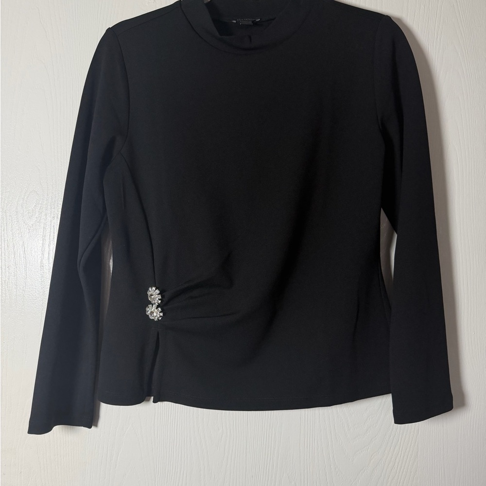 Ann Taylor Black Long Sleeve Top with Jewel Accent